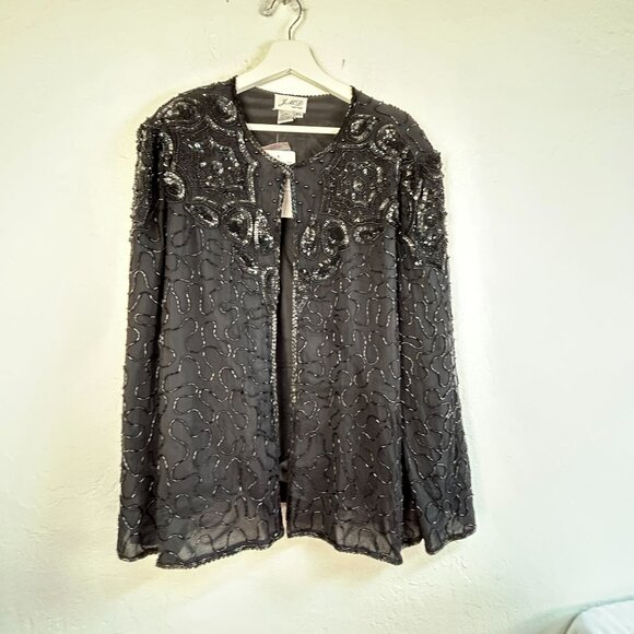 Vintage JMD New York Womens Black Silk Sequin Beaded Evening Jacket Cape XL New - Picture 1 of 7